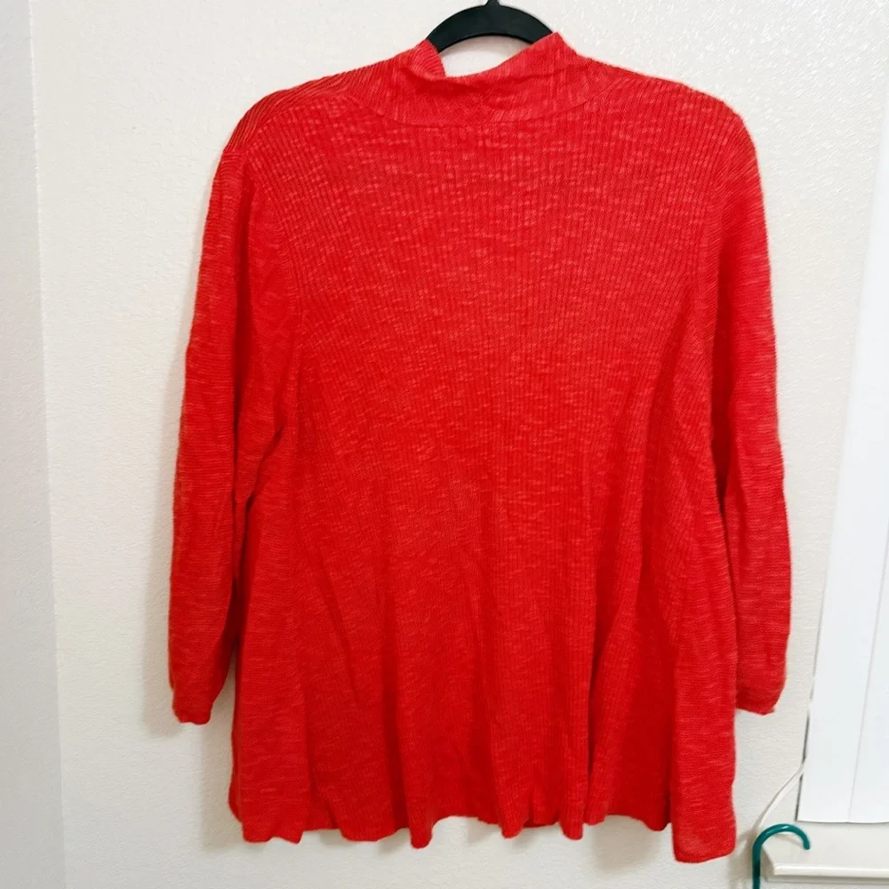 Eileen Fisher Sz L Women's Open‎ Front Cardigan Sweater Linen Cotton Blend Coral